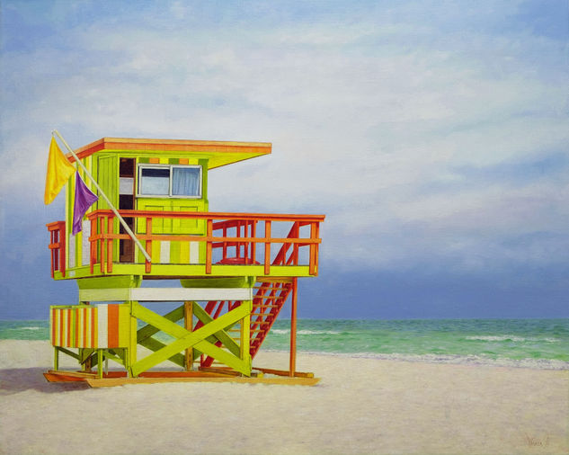 Anastasia Woron:"Miami.Torre de Salvavidas"-Óleo Original Firmado(81x65cm.) 2024 Óleo Lienzo Marina