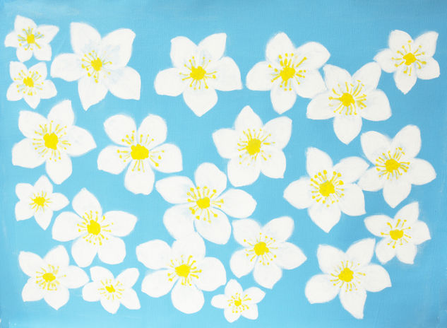 White spring flowers on blue Acrylic Canvas Floral Painting