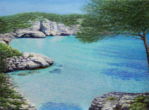 Anastasia Woron:"Calas de Menorca"-Óleo Original Firmado (40x30 cm.)2024 Oil Canvas Marine Painting