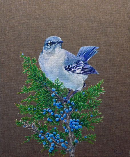 Anastasia Woron:"El Pájaro Azul en Enebro"-Óleo Original (38x46 cm)2022 Óleo Lienzo Animales