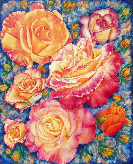 Anastasia Woron: "Las Rosas" - Óleo Original Firmado (34x42 cm.) 2017 Oil Canvas Floral Painting