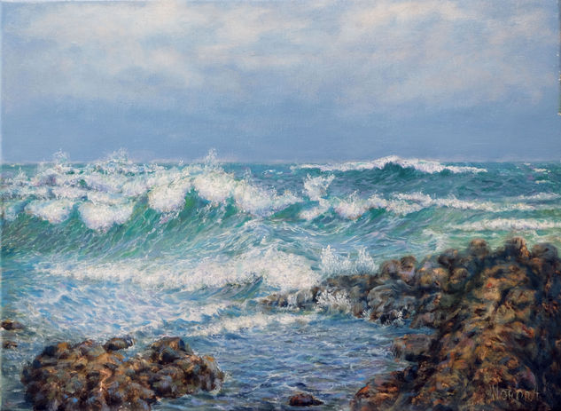 Anastasia Woron:"El Atlántico Tenerife"-Óleo Original Firmado (35x27 cm.)2019 Oil Canvas Marine Painting