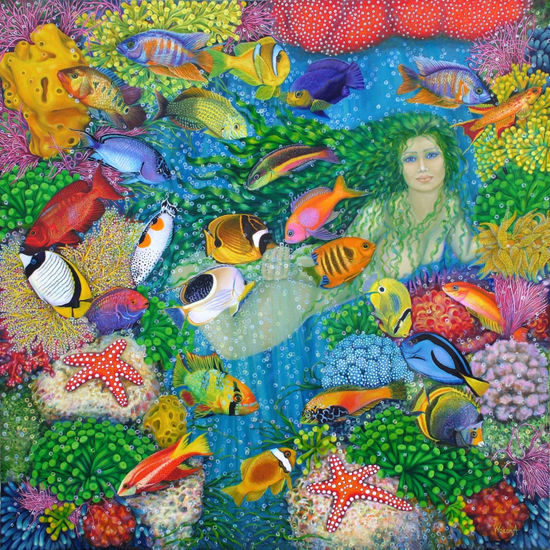 Anastasia Woron: "El Sueño Submarino" - Óleo Original Firmado (80x80 cm.) 2011 Óleo Lienzo Marina