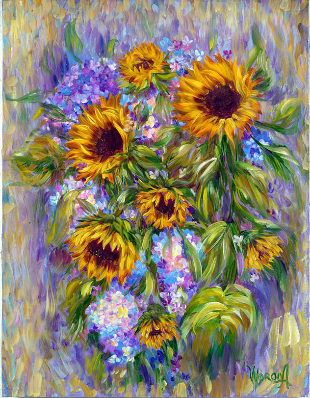 Anastasia Woron:"Girasoles Soñadores"-Óleo Original Firmado (40x80 cm.) 2004