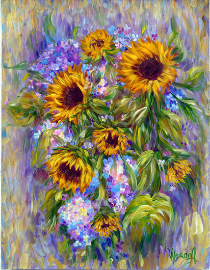 Anastasia Woron:"Girasoles Soñadores"-Óleo Original Firmado (40x80 cm.) 2004 Oil Canvas Floral Painting