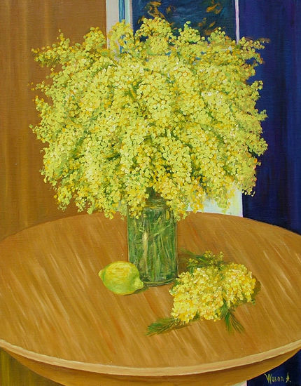 Anastasia Woron:"La Mimosa"-Óleo Original Firmado (50x64cm.)2005 Oil Canvas Floral Painting