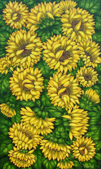 Anastasia Woron: " Girasoles" - Óleo Original Firmado (33x54 cm.) 2018 Óleo Lienzo Floral