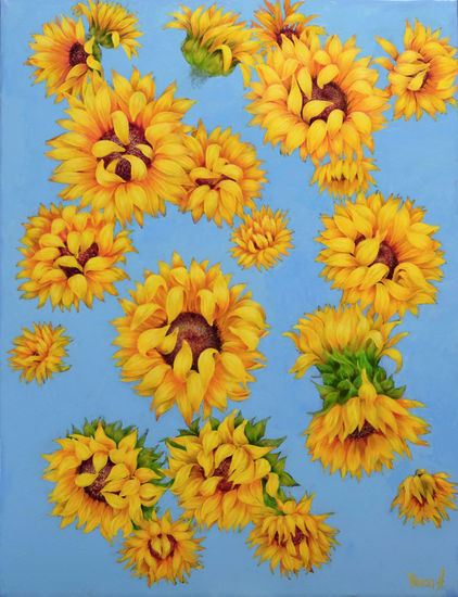 Anastasia Woron:"Girasoles Sobre El Cielo Azul" - Óleo Original (50x60 cm) 2022 Oil Canvas Floral Painting