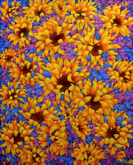 Anastasia Woron:"Girasoles con Lilas" - Óleo Original Firmado (50x40 cm) 2022 Óleo Lienzo Floral