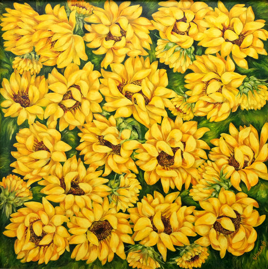 Anastasia Woron: " Girasoles" - Óleo Original Firmado (50x50 cm.) 2007 Óleo Lienzo Floral