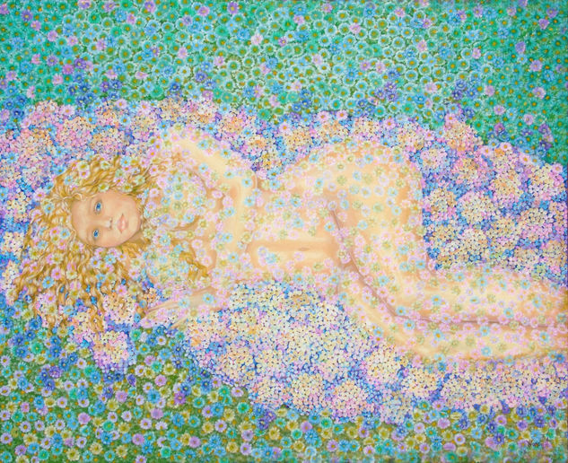 Anastasia Woron: "La Floreciente"-Óleo Original Firmado (100x80 cm.) 2007 Óleo Lienzo Floral