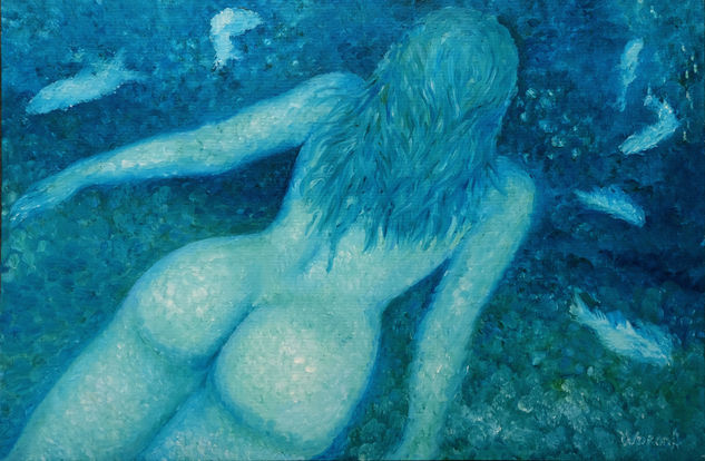 Anastasia Woron: "Bajo El Agua."- Óleo Original Firmado (60x40 cm.) 2006 Oil Canvas Nude Paintings