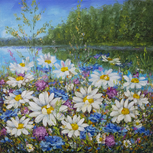 Anastasia Woron:"Margaritas en la Orilla"-Óleo Original (20x20 cm)2024