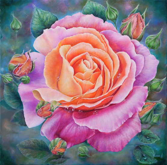 Anastasia Woron: "Rosa Rosada" - Óleo Original Firmado (40x40 cm.) 2020 Óleo Lienzo Floral