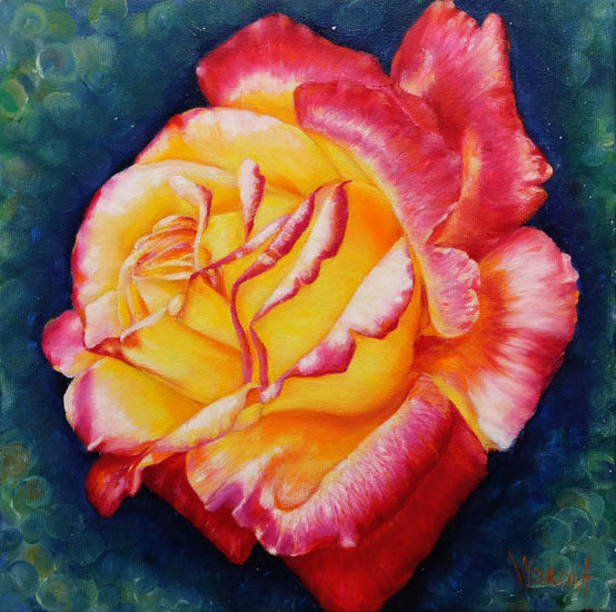 Anastasia Woron: "Rosa Amarilla-Roja" - Óleo Original Firmado (30x30 cm.) 2018 Óleo Lienzo Floral