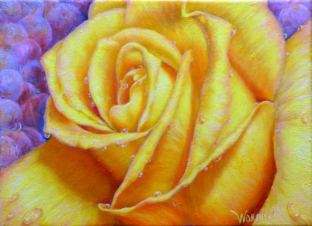 Anastasia Woron: "Rosa Amarilla" - Óleo Original Firmado (16x22 cm.) 2017
