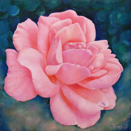 Anastasia Woron: "Rosa Rosa" - Óleo Original Firmado (30x30 cm.) 2018 Óleo Lienzo Floral