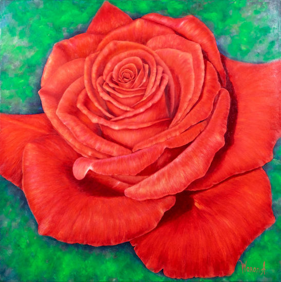 Anastasia Woron:"Retrato De La Rosa Roja"-Óleo Original Firmado (50x50 cm.) 2017 Óleo Lienzo Floral