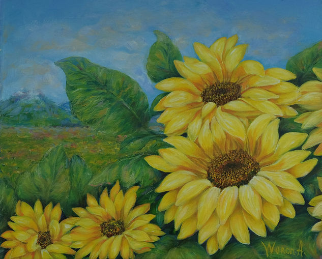 Anastasia Woron: " Girasoles" - Óleo Original Firmado (27x22 cm.) 2016 Óleo Lienzo Paisaje