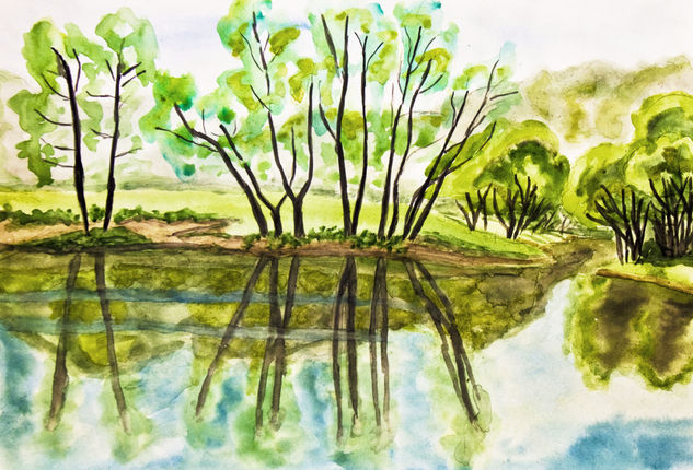 Trees near lake in park Watercolour Paper Landscaping