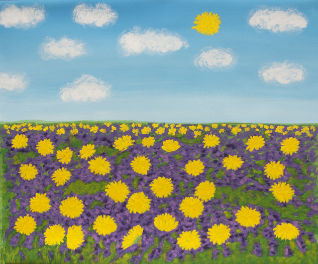 Yellow dandelion and violet spring flowers Acrylic Canvas Floral Painting