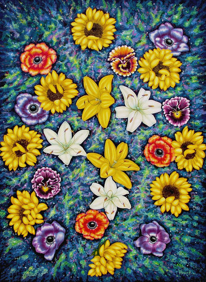 Anastasia Woron:"Flores en el espacio." - Óleo Original Firmado (60x80 cm) 2009 Óleo Lienzo Floral