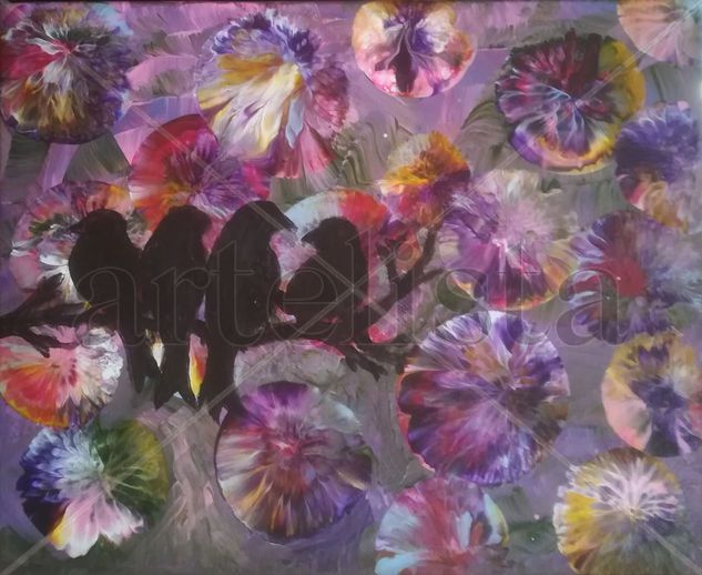 Pájaros entre flores Acrylic Canvas Floral Painting