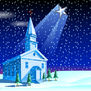 A quaint church stands amidst falling snowflakes in a serene