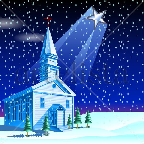 A quaint church stands amidst falling snowflakes in a serene 