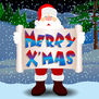 Santa Claus stands in a snowy landscape holding a festive sign that says "Merry X'MAS."