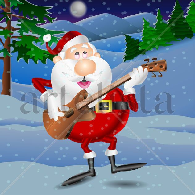 A jolly Santa Claus is playing a guitar