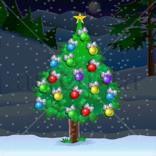 A Christmas tree stands decorated with colorful ornaments