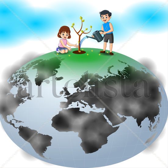 Two children are depicted nurturing a small tree on top of a globe 