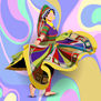 A colorful figure in vibrant traditional attire dances