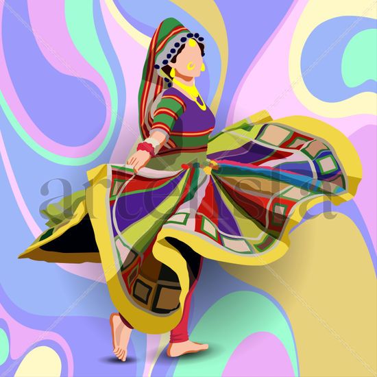 A colorful figure in vibrant traditional attire dances 