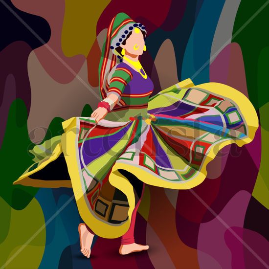 A vibrant figure dressed in a colorful, traditional costume 