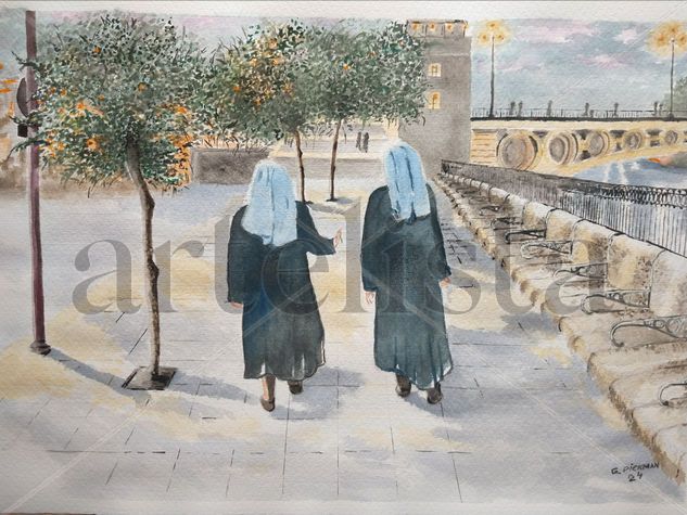 "RELIGIOSAS PASEANDO AL ATARDECER"Triana.Sevilla. Acuarela Papel Paisaje