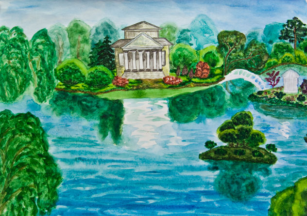 White palace with park and lake