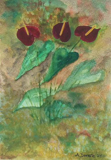 Anturios en el jardín Watercolour Paper Floral Painting