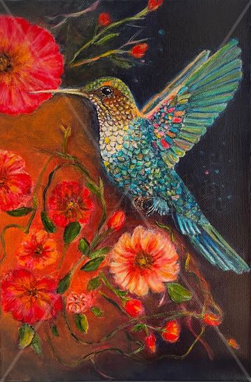 Colibrí entre flores al anochecer Acrylic Canvas Animals