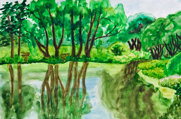 Willow trees near lake with reflection in water Watercolour Paper Landscaping