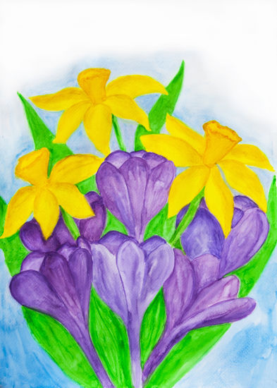 Purple crocuses and yellow daffodiles Acuarela Papel Floral