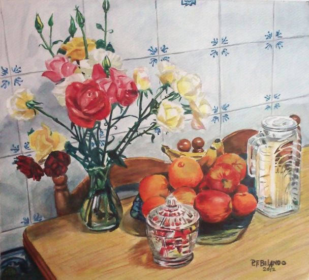 Bodegón con rosas Watercolour Card Still Life Paintings