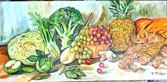 Vegetales y Frutas Piña, Manzana, Uvas Óleo Tabla Bodegones