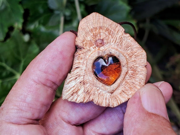 Palo Santo pendant with amber heart,for healing Carving Mixed