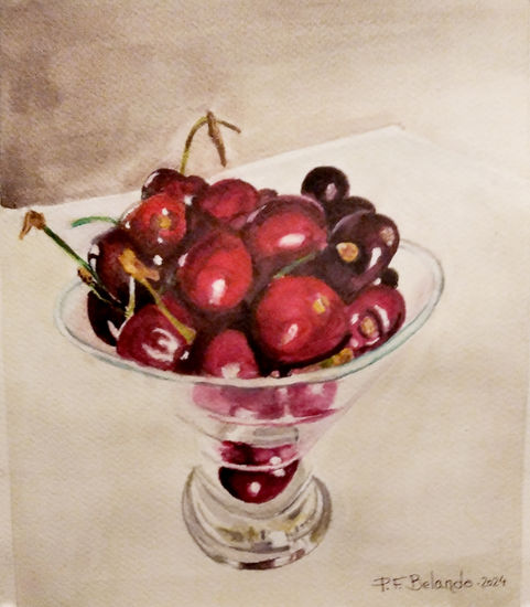 Copa con cerezas Watercolour Card Still Life Paintings