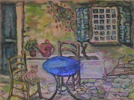 Tarde tranquila en el patio, Gato Sentado en la Silla. Oil Textile Landscaping