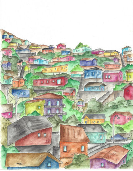 CERRO DE VALPARAÏSO Acuarela Papel Paisaje