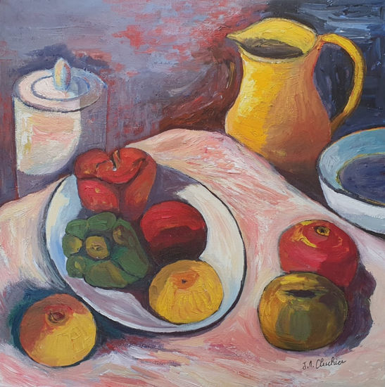 Bodegón de manzanas y pimientos Acrylic Canvas Still Life Paintings