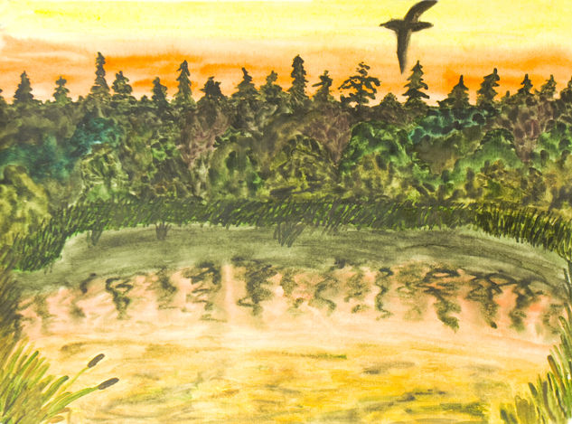 Sunet, lake and forest with flying bird 1 Acuarela Papel Paisaje